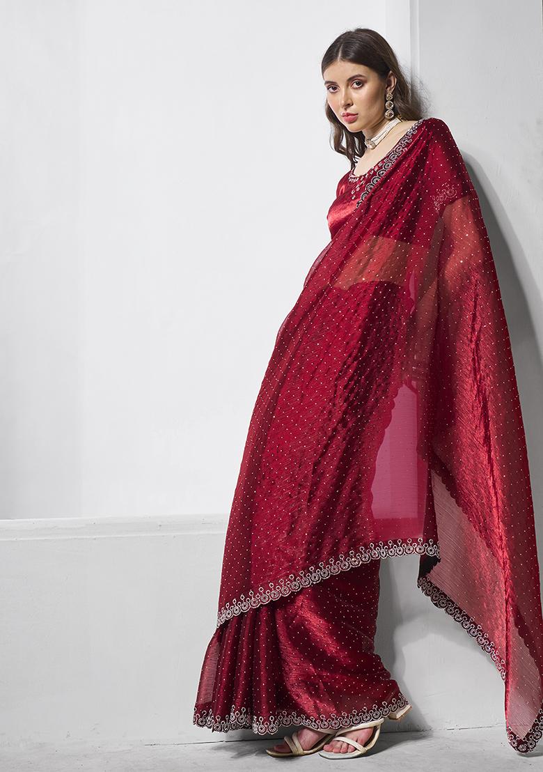 Maroon Swarovski Work Burberry Silk Saree Set