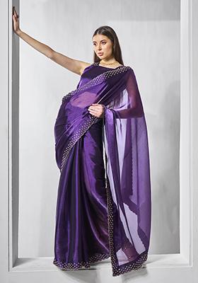 Purple Swarovski Work Burberry Silk Saree Set