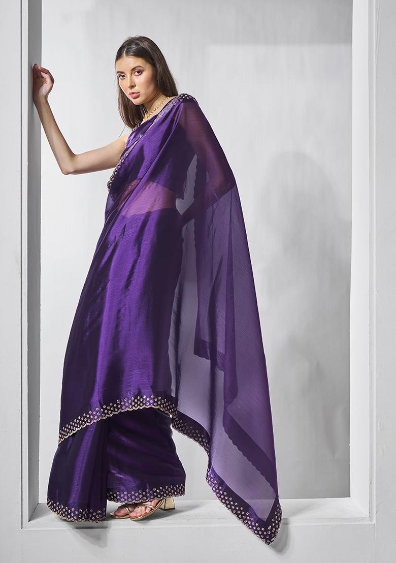 Purple Swarovski Work Burberry Silk Saree Set