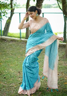 Sky Blue Zari Woven Tussar Silk Saree Set