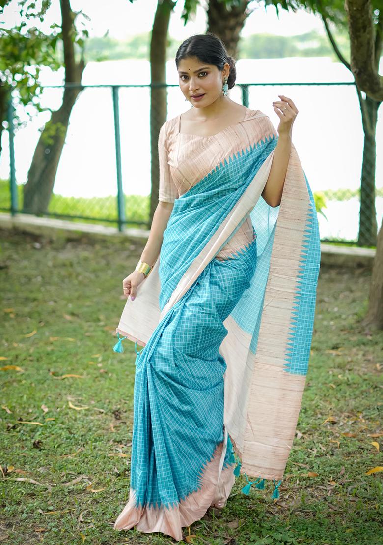 Sky Blue Zari Woven Tussar Silk Saree Set