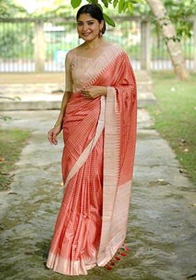 Orange Zari Woven Tussar Silk Saree Set