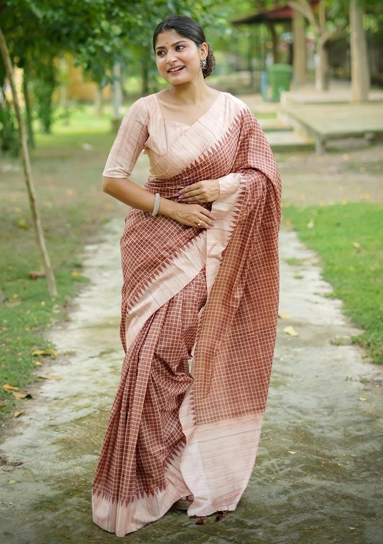 Brown Zari Woven Tussar Silk Saree Set