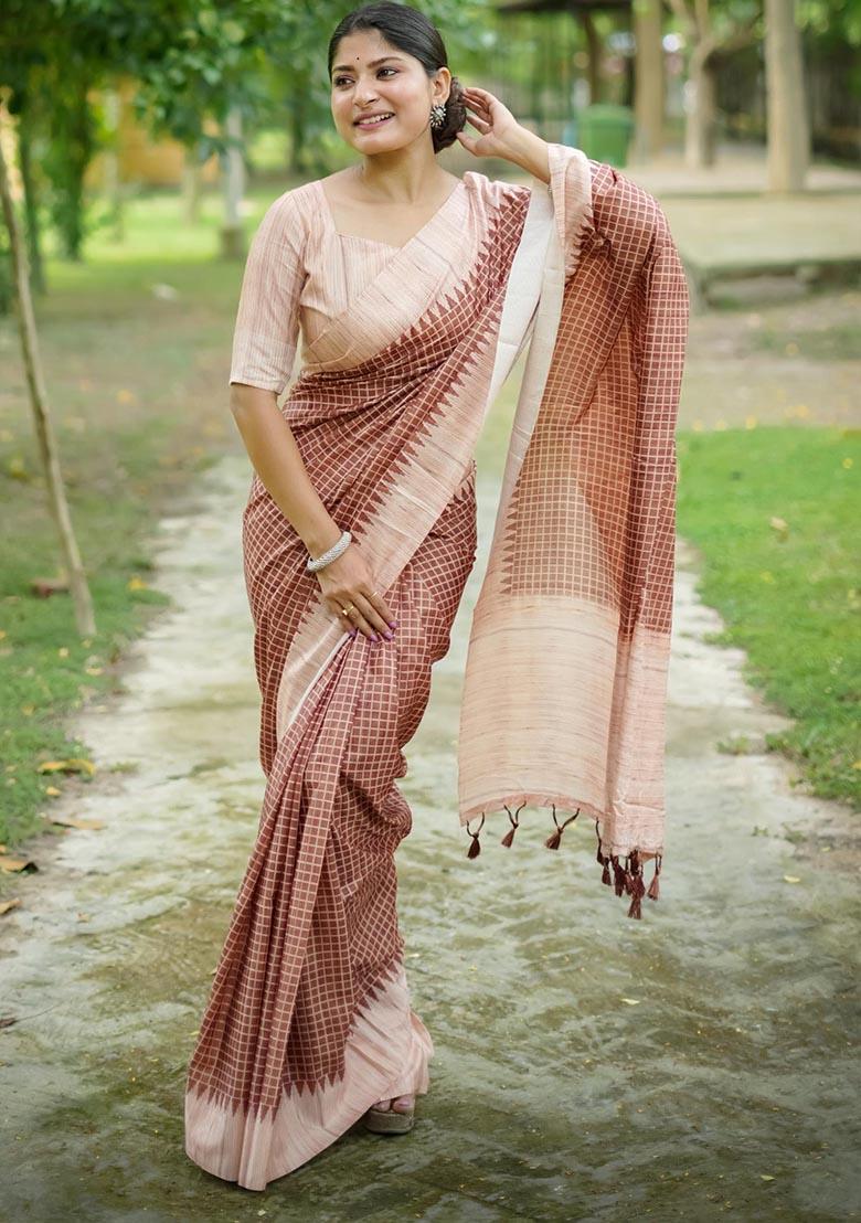 Brown Zari Woven Tussar Silk Saree Set