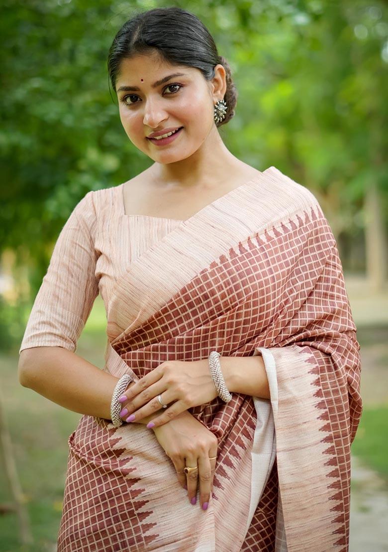 Brown Zari Woven Tussar Silk Saree Set