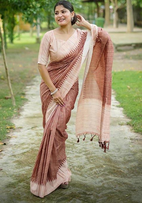Brown Zari Woven Tussar Silk Saree Set