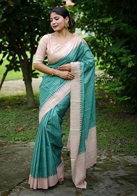 Sea Green Zari Woven Tussar Silk Saree Set