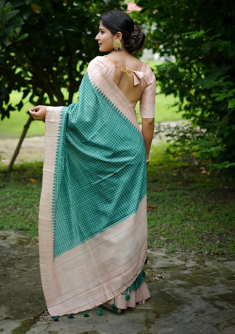 Sea Green Zari Woven Tussar Silk Saree Set