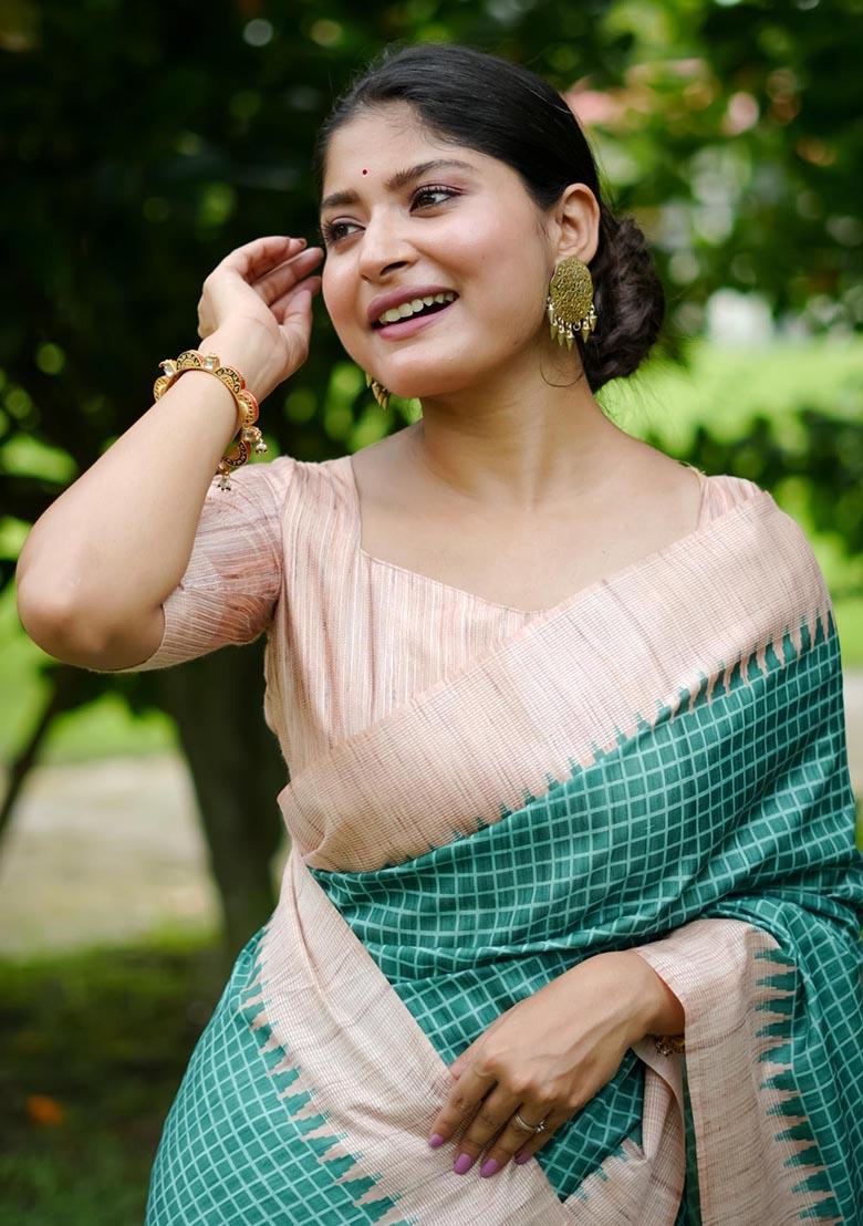 Sea Green Zari Woven Tussar Silk Saree Set