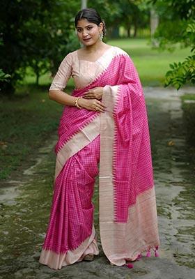 Pink Zari Woven Tussar Silk Saree Set