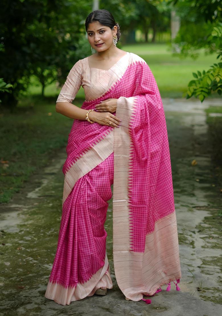 Pink Zari Woven Tussar Silk Saree Set