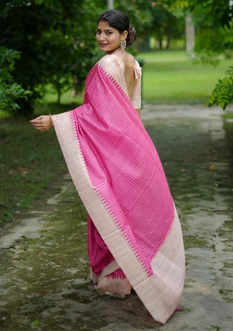Pink Zari Woven Tussar Silk Saree Set