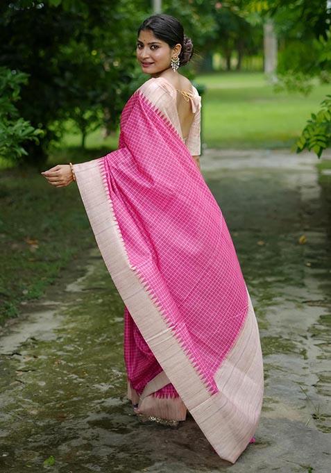 Pink Zari Woven Tussar Silk Saree Set