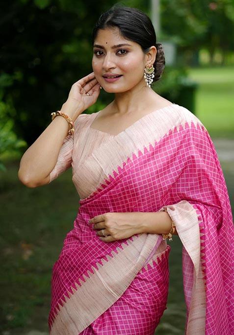 Pink Zari Woven Tussar Silk Saree Set
