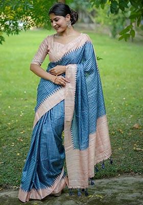 Blue Zari Woven Tussar Silk Saree Set