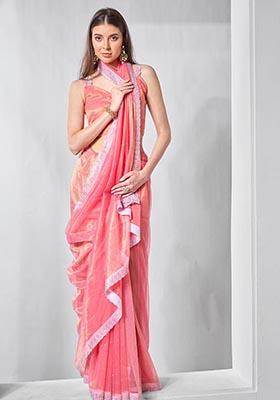 Pink Solid Tissue Net Saree Set