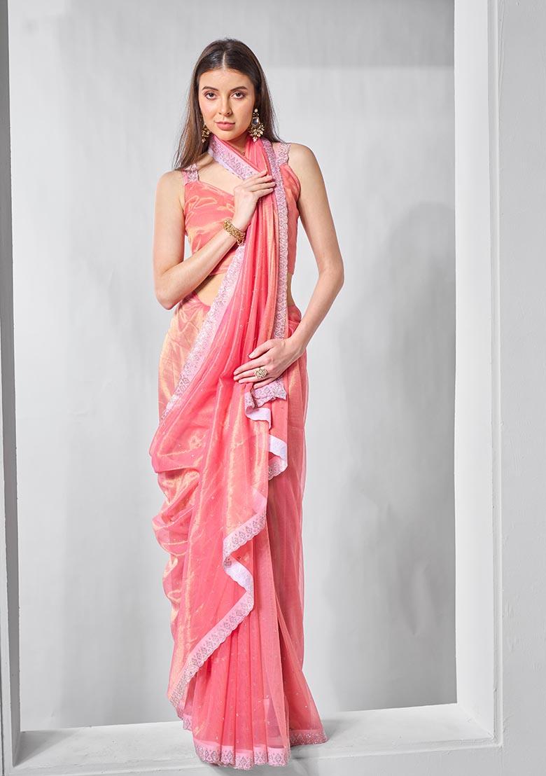 Pink Solid Tissue Net Saree Set