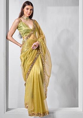 Green Solid Tissue Net Saree Set