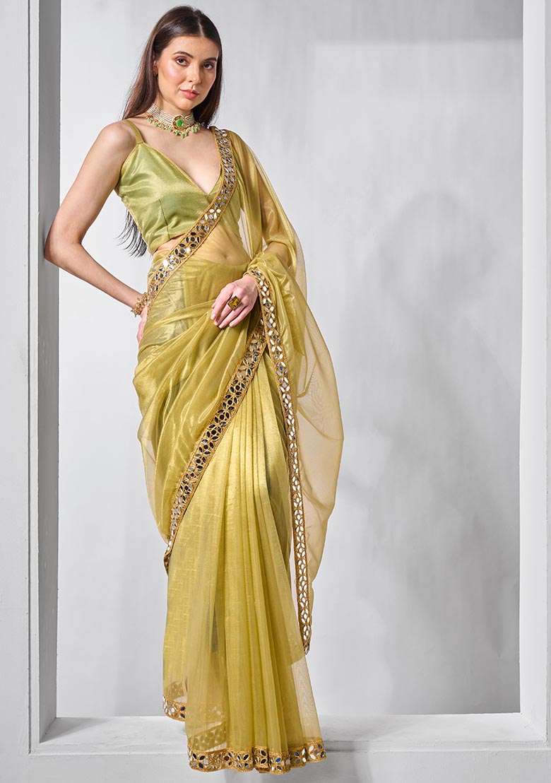 Green Solid Tissue Net Saree Set - Indya