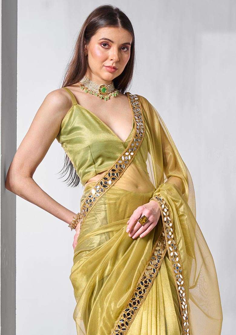 Green Solid Tissue Net Saree Set - Indya