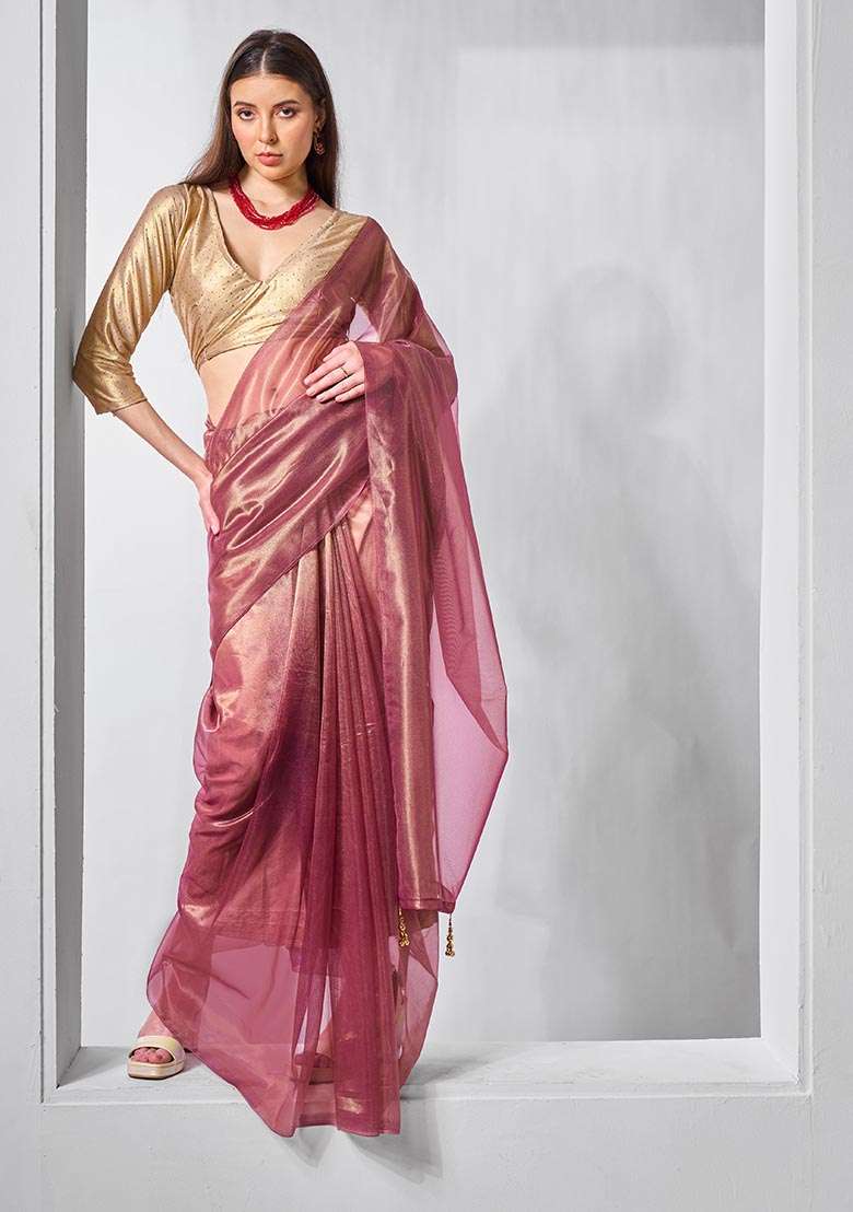 Onion Pink Solid Tissue Net Saree Set - Indya