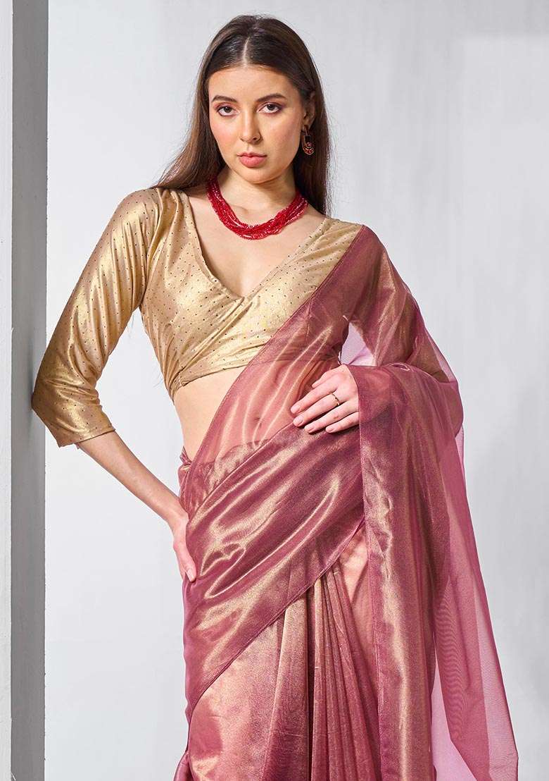Onion Pink Solid Tissue Net Saree Set - Indya