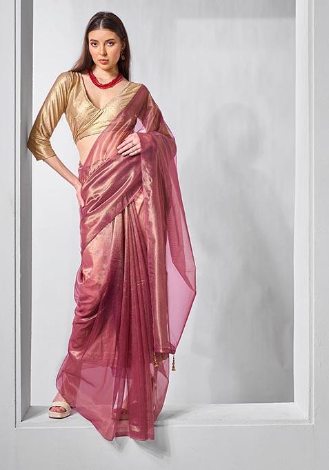 Onion Pink Solid Tissue Net Saree Set
