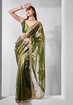Green Solid Tissue Net Saree Set