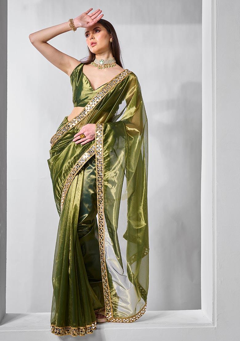 Green Solid Tissue Net Saree Set