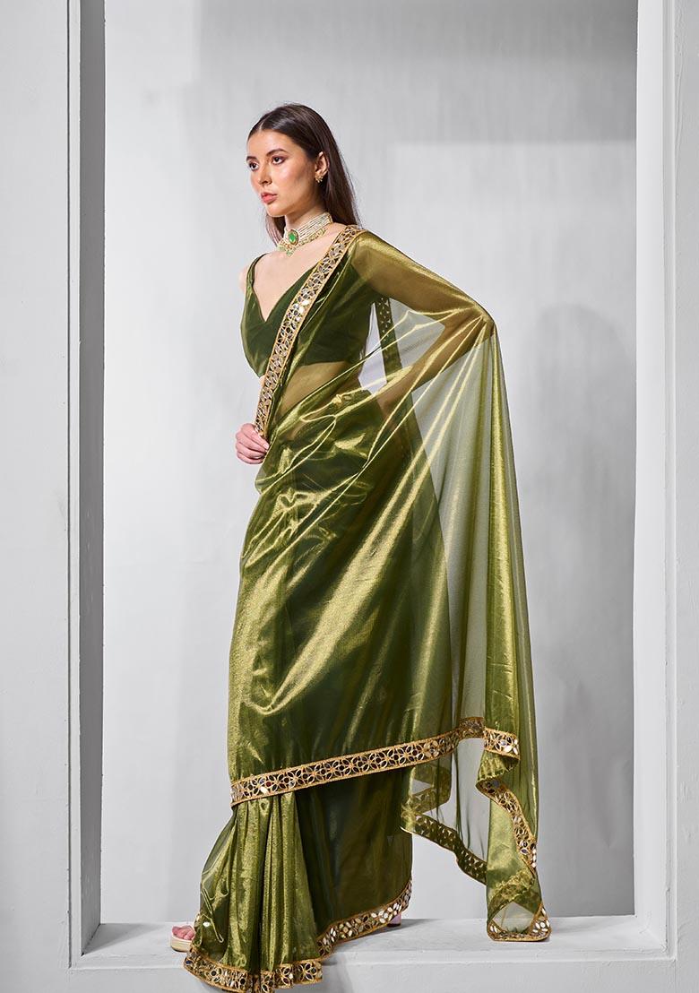 Green Solid Tissue Net Saree Set