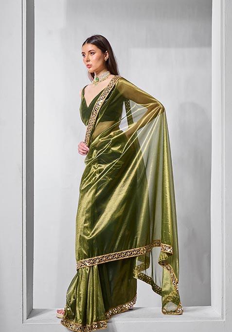 Green Solid Tissue Net Saree Set