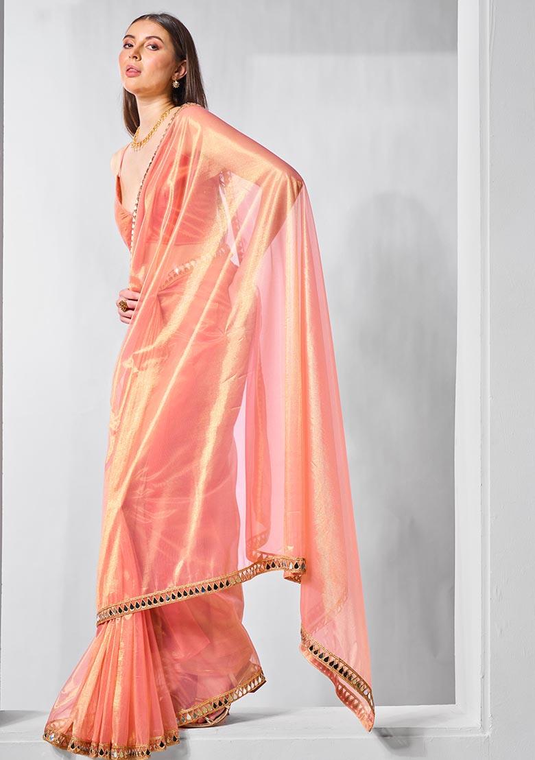 Orange Solid Tissue Net Saree Set