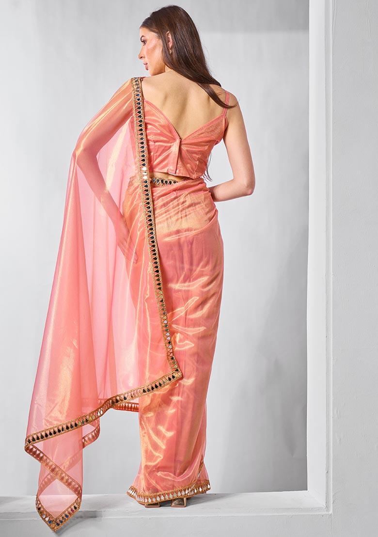 Orange Solid Tissue Net Saree Set