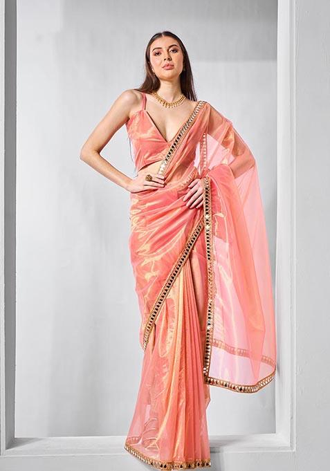 Orange Solid Tissue Net Saree Set