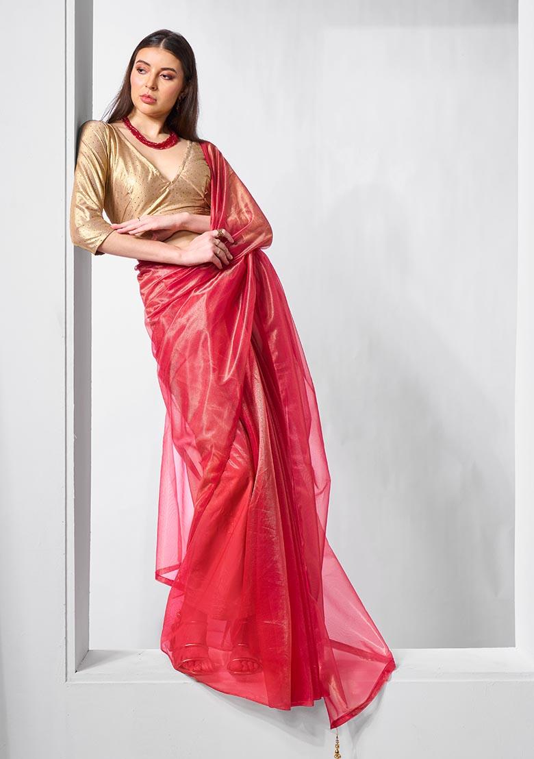 Red Solid Tissue Net Saree Set
