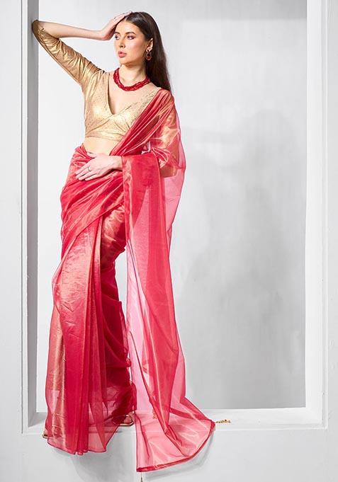 Red Solid Tissue Net Saree Set