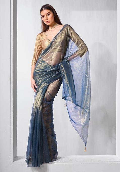 Blue Solid Tissue Net Saree Set