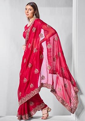 Red Embroidered Chiffon Saree Set
