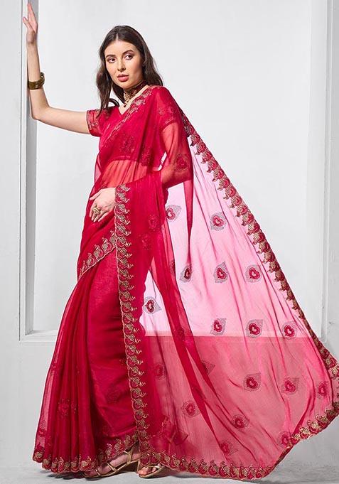 Red Embroidered Shimmer Chiffon Saree Set