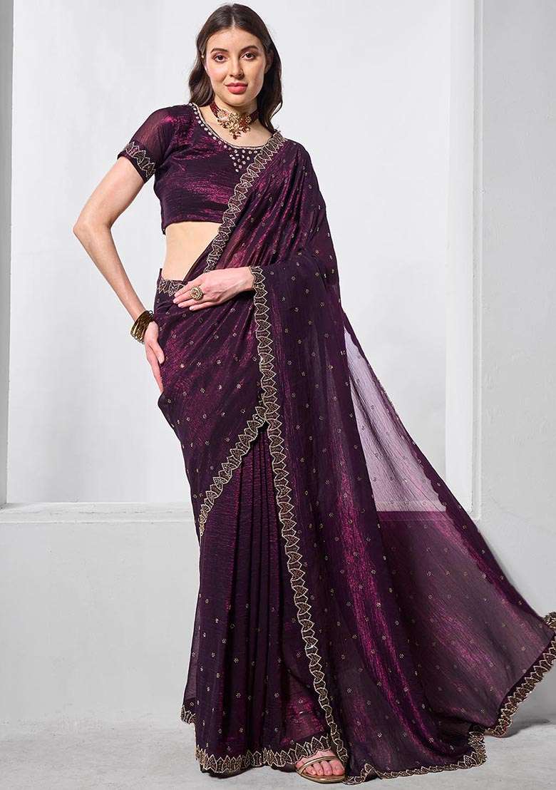 Wine Embroidered Chiffon Saree Set - Indya
