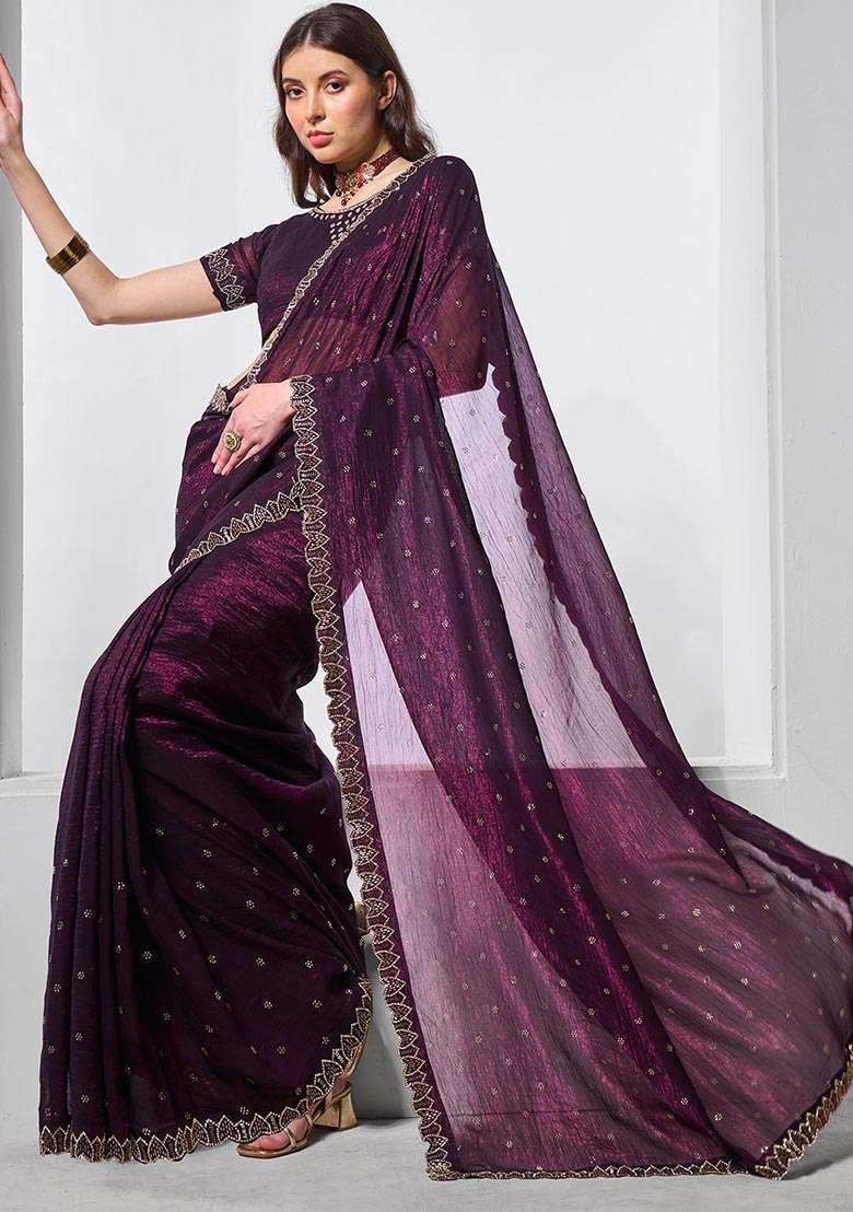 Wine Embroidered Chiffon Saree Set - Indya