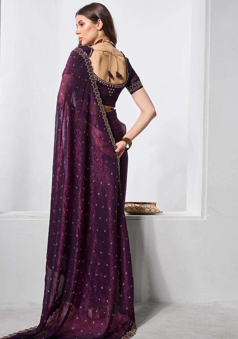 Wine Embroidered Chiffon Saree Set - Indya