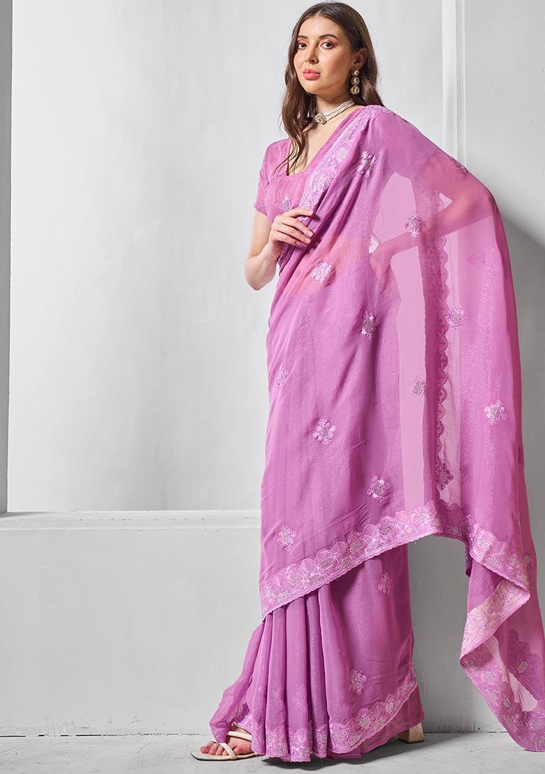 Purple Embroidered Shimmer Chiffon Saree Set