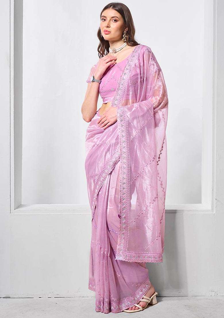 Purple Embroidered Tissue Net Saree Set - Indya