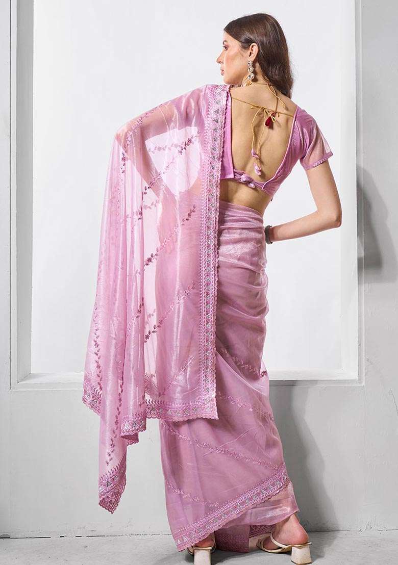 Purple Embroidered Tissue Net Saree Set - Indya
