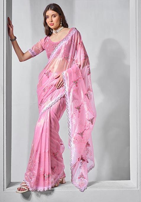 Pink Embroidered Tissue Net Saree Set