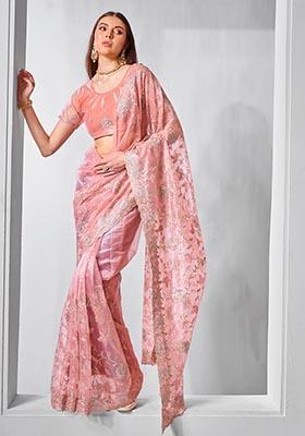 Peach Embroidered Tissue Net Saree Set
