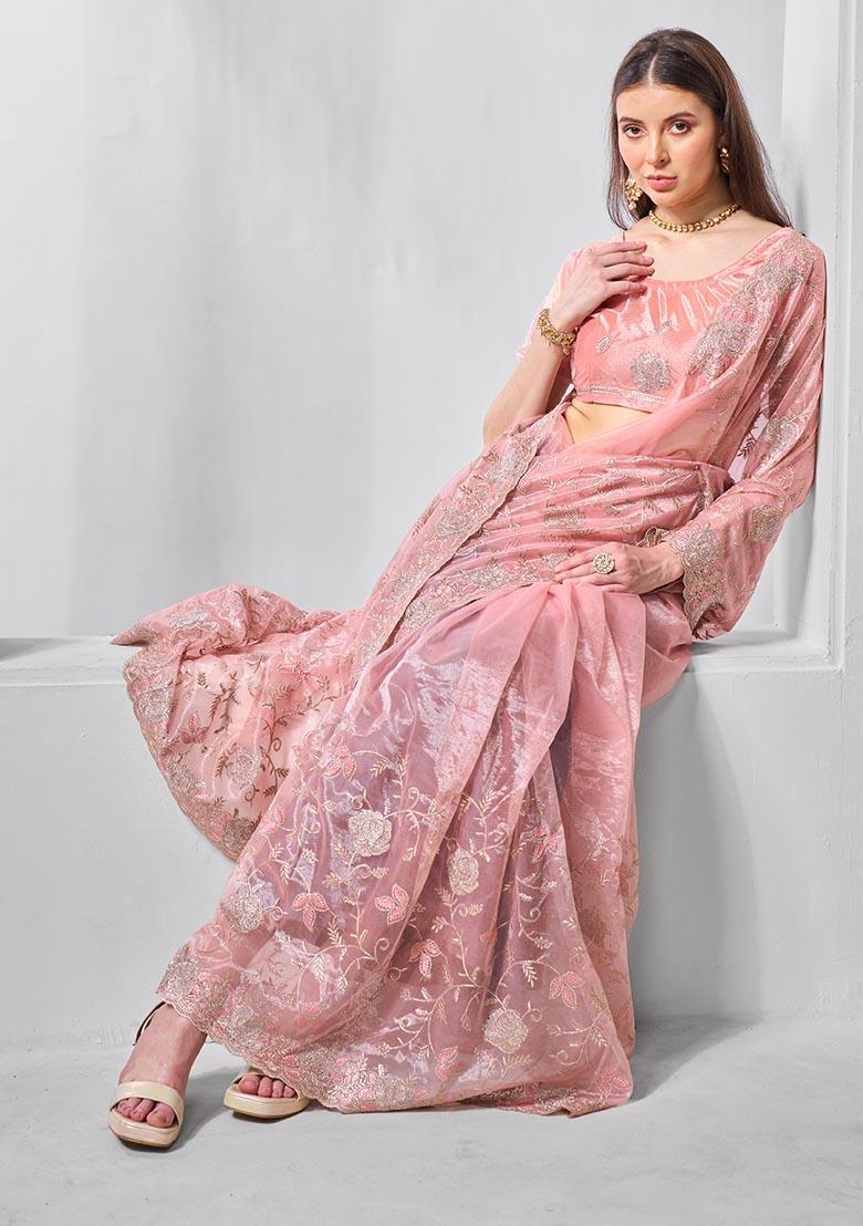 Peach Embroidered Tissue Net Saree Set