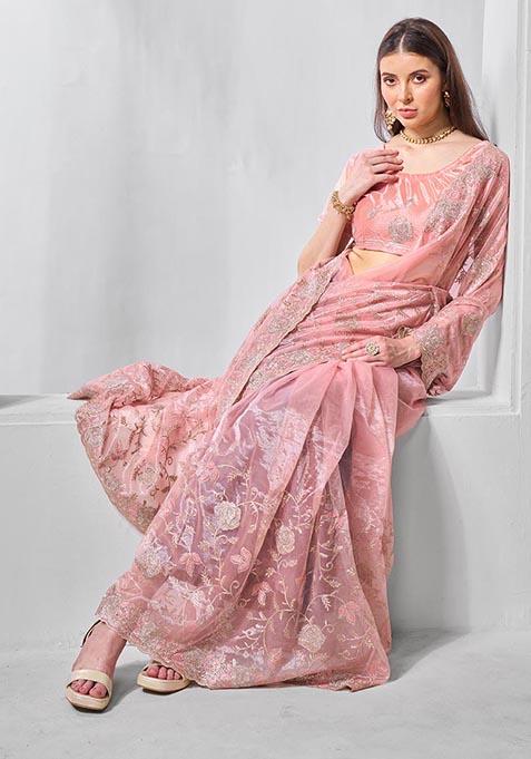 Peach Tissue Embroidered Saree With Heavy Hand Embroidery