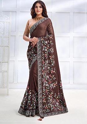 Brown Sequin Embroidered Georgette Silk Saree Set